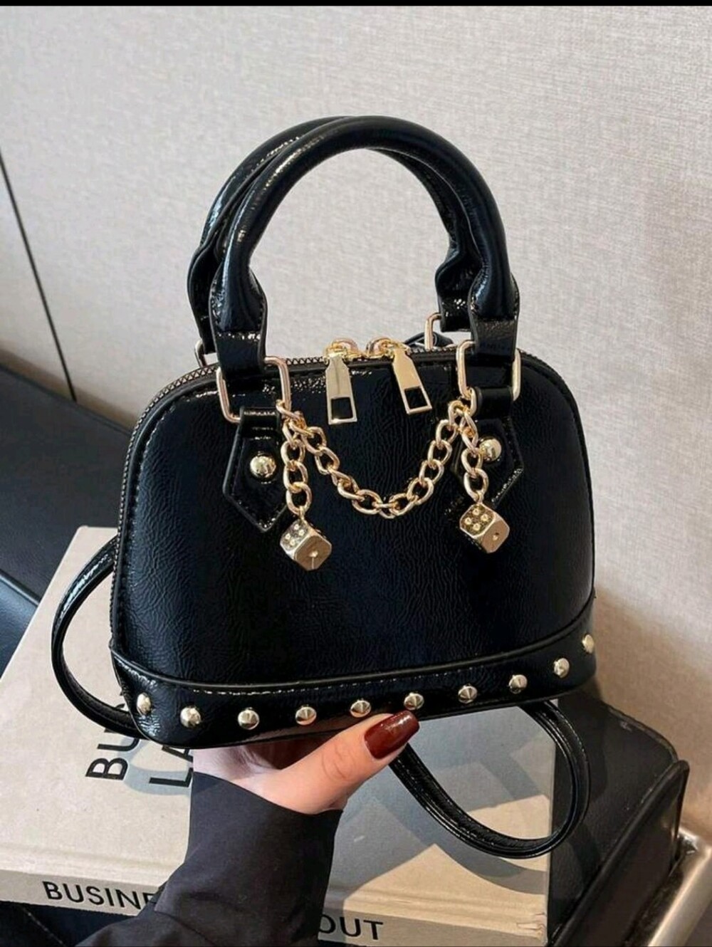 BRAND NEW ** Black Studded Dome Satchel Bag with Gold Chain Detail